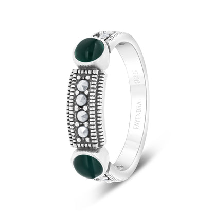 Sterling Silver 925 Ring Embedded With Natural Green Agate And Marcasite Stones