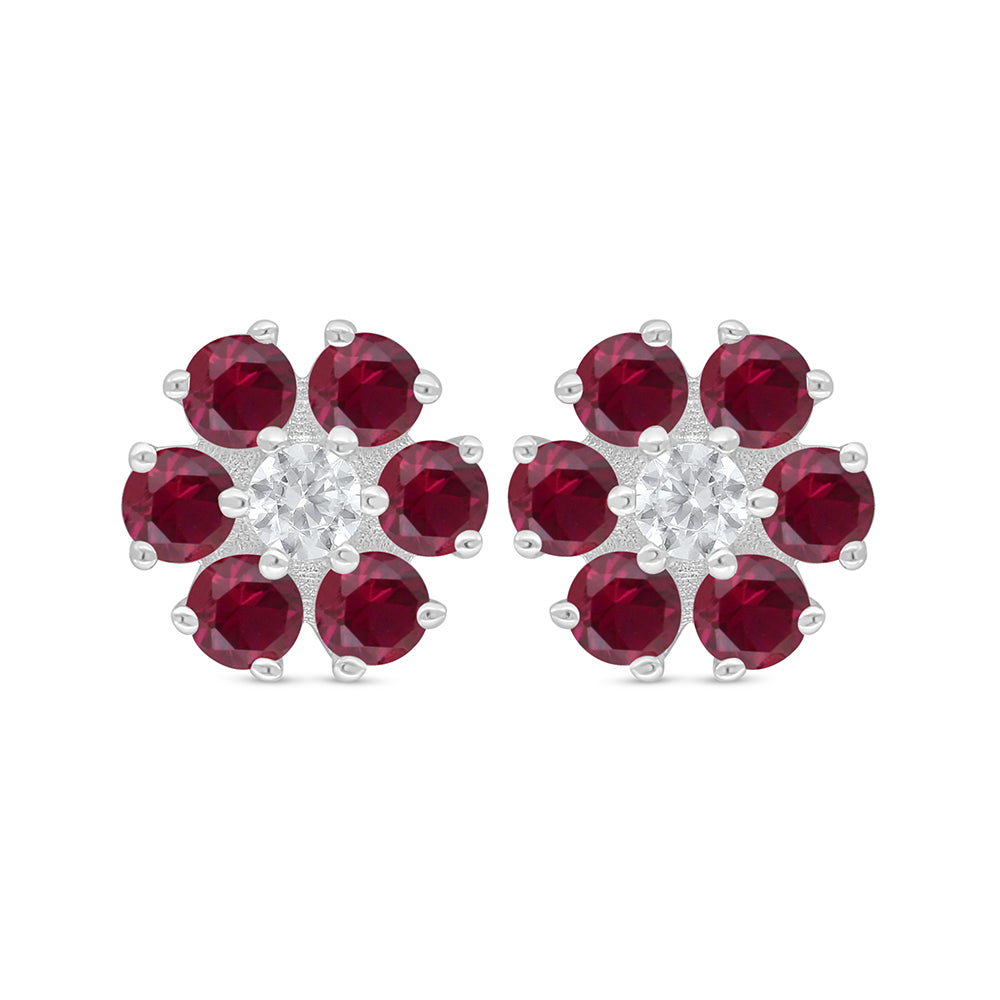 Sterling Silver 925 Earring Rhodium Plated Embedded With Ruby Corundum