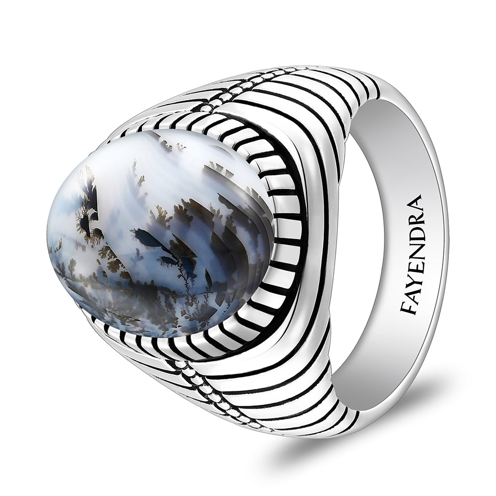 Sterling Silver 925 Ring Rhodium And Black Plated Embedded With Natural Agate Cabochon For Men