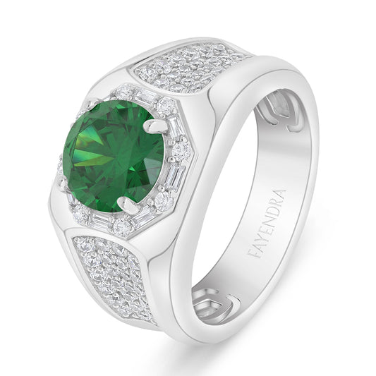 Sterling Silver 925 Ring Rhodium Plated Embedded With Emerald Zircon And White Zircon For Men