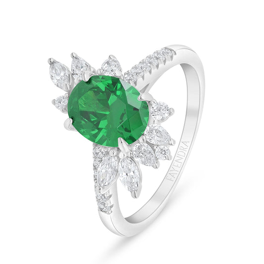 Sterling Silver 925 Ring Rhodium Plated Embedded With Emerald Zircon And White Zircon