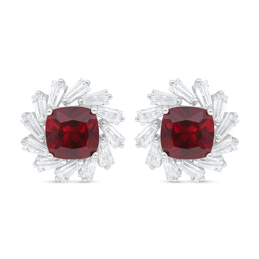 Sterling Silver 925 Earring Rhodium Plated Embedded With Ruby Corundum And White Zircon