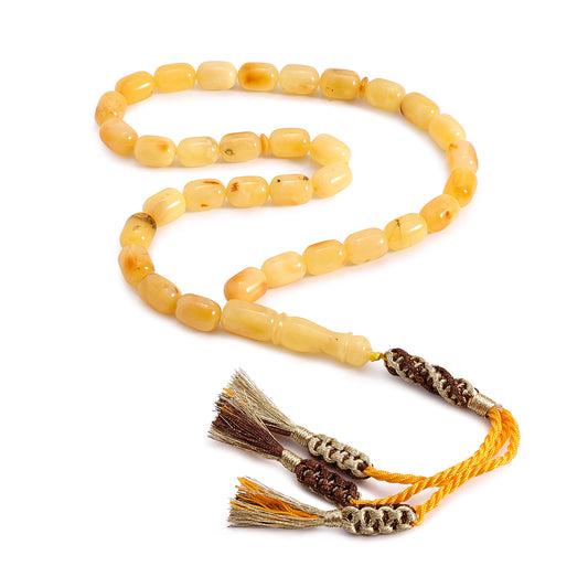 Rosary 33 Embedded With Natural Yellow Amber Barrel-Shaped Cabochon 9*13 mm And Fabric Tassel