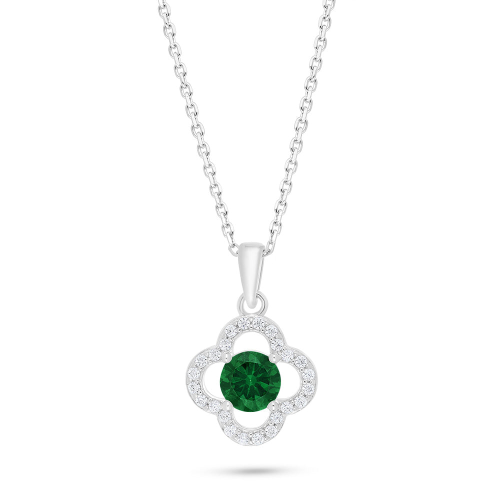 Sterling Silver 925 Necklace Rhodium Plated Embedded With Emerald Zircon And White Zircon