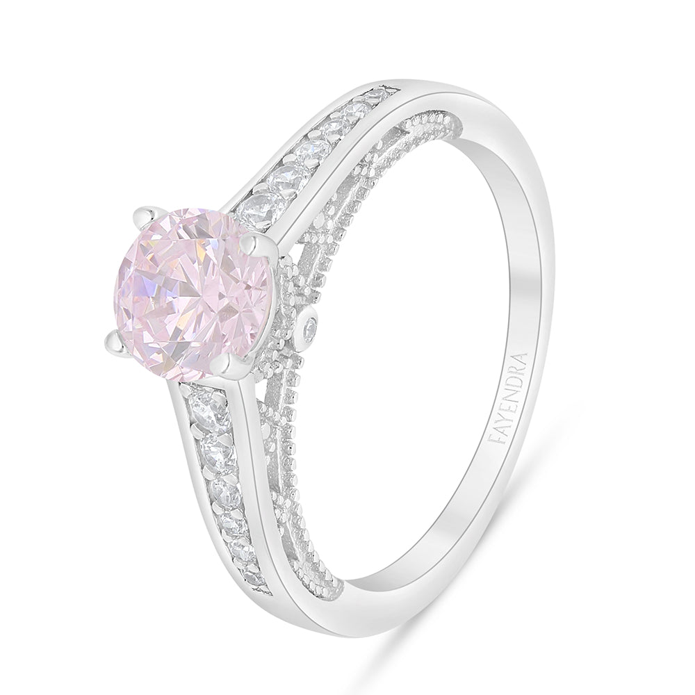 Sterling Silver 925 Ring Rhodium Plated Embedded With Pink Zircon And White Zircon