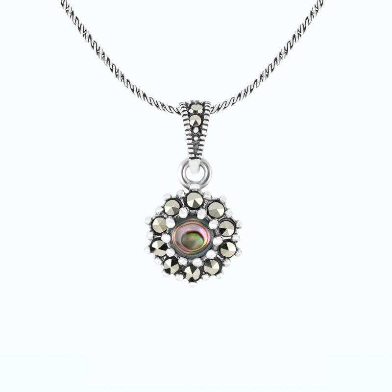 Sterling Silver 925 Pendant Embedded With Natural Blue Shell And Marcasite Stones