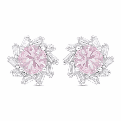 Sterling Silver 925 Earring Rhodium Plated Embedded With Pink Zircon And White Zircon