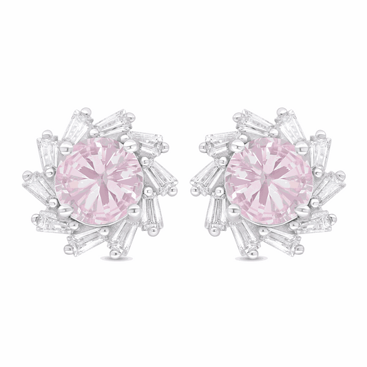 Sterling Silver 925 Earring Rhodium Plated Embedded With Pink Zircon And White Zircon
