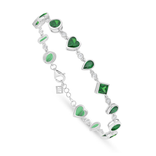Sterling Silver 925 Bracelet Rhodium Plated Embedded With Emerald Zircon And White Zircon