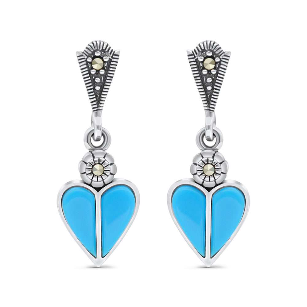 Sterling Silver 925 Earring Embedded With Natural Processed Turquoise And Marcasite Stones
