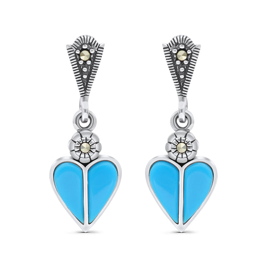 Sterling Silver 925 Earring Embedded With Natural Processed Turquoise And Marcasite Stones