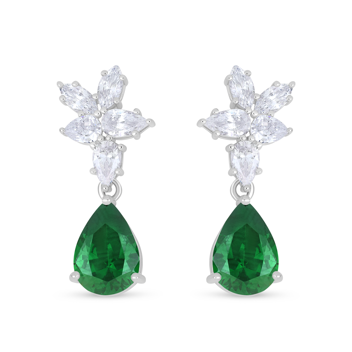 Sterling Silver 925 Earring Rhodium Plated Embedded With Emerald Zircon And White Zircon