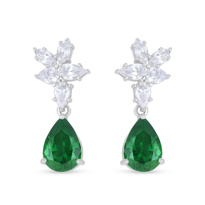Sterling Silver 925 Earring Rhodium Plated Embedded With Emerald Zircon And White Zircon