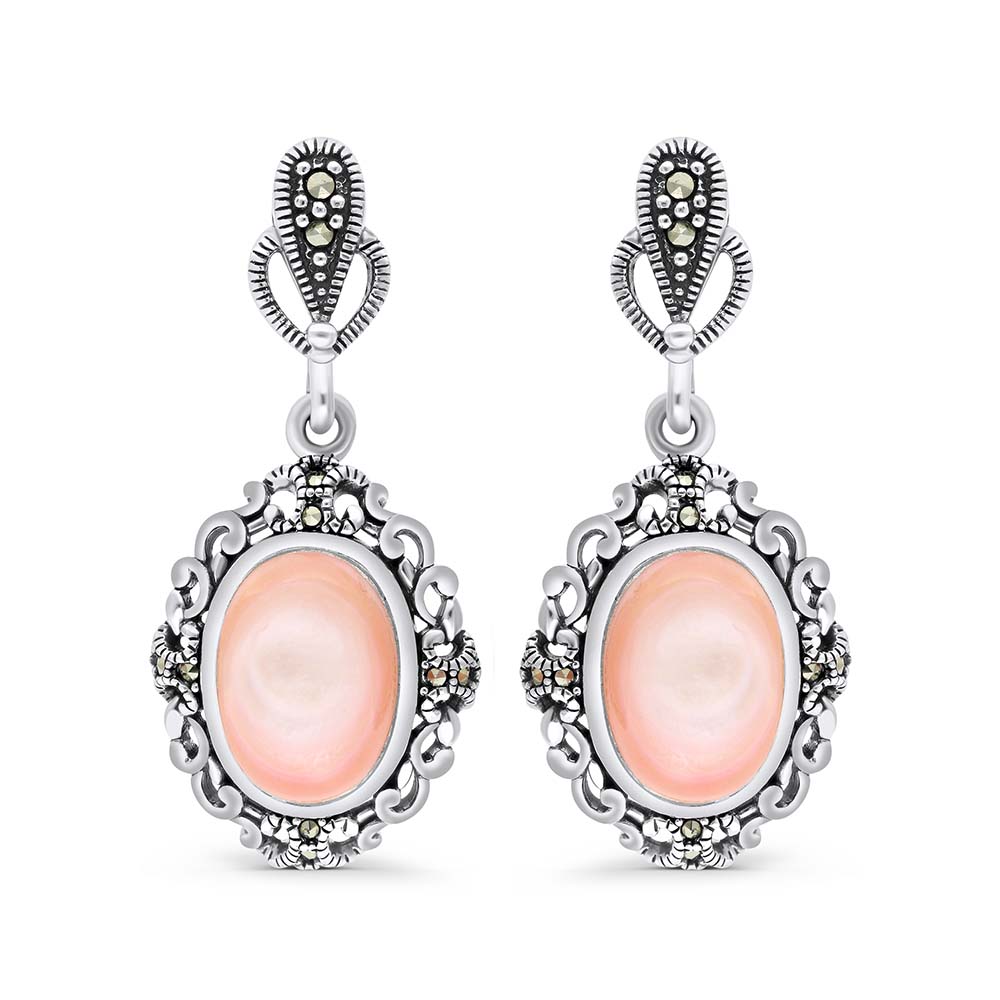 Sterling Silver 925 Earring Embedded With Natural Pink Shell And Marcasite Stones