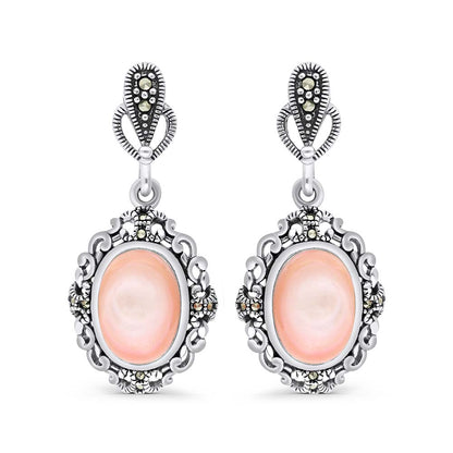Sterling Silver 925 Earring Embedded With Natural Pink Shell And Marcasite Stones
