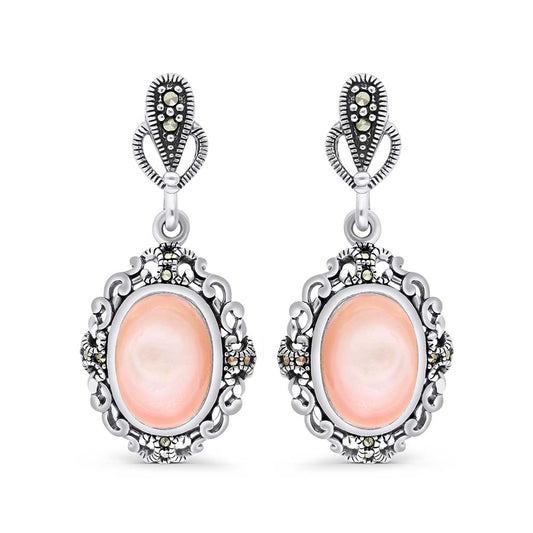 Sterling Silver 925 Earring Embedded With Natural Pink Shell And Marcasite Stones