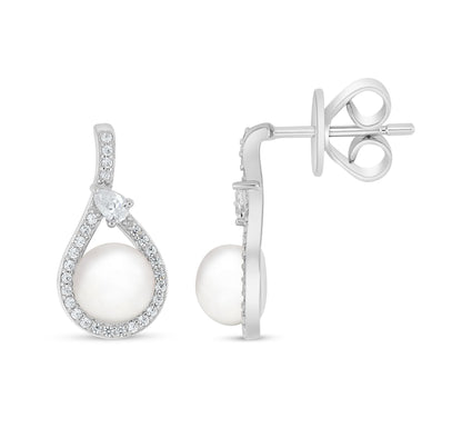 Sterling Silver 925 Earring Rhodium Plated Embedded With Natural White Pearl And White Zircon