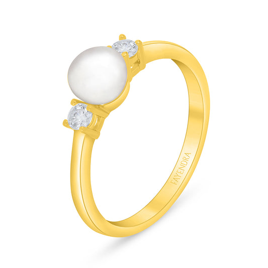 Sterling Silver 925 Ring Golden Plated Embedded With Natural White Pearl And White Zircon