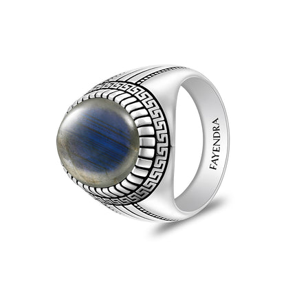 Sterling Silver 925 Ring Rhodium And Black Plated Embedded With Cabochon Labradorite For Men