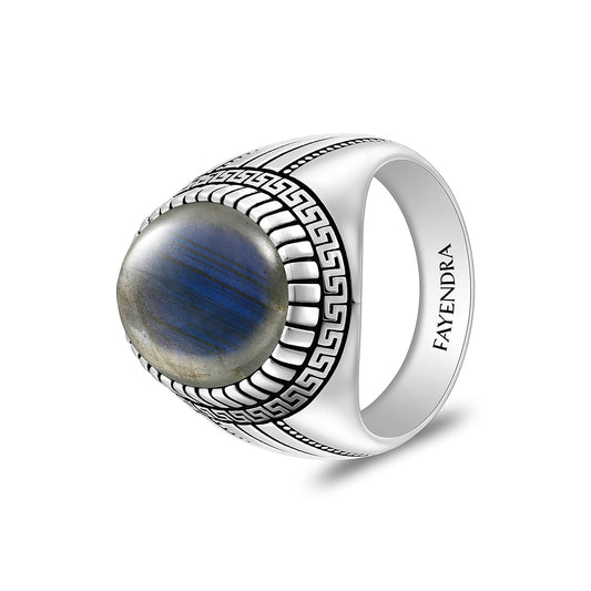 Sterling Silver 925 Ring Rhodium And Black Plated Embedded With Cabochon Labradorite For Men