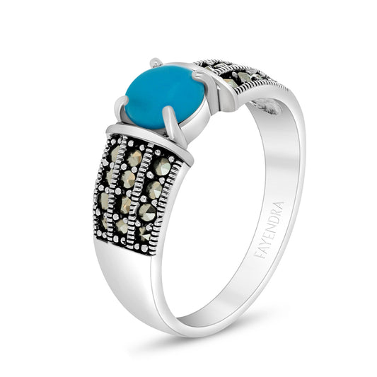 Sterling Silver 925 Ring Embedded With Natural Processed Turquoise And Marcasite Stones