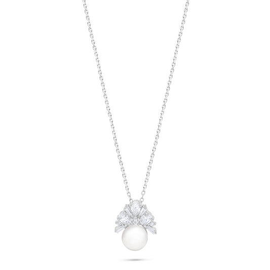 Sterling Silver 925 Necklace Rhodium Plated Embedded With Natural White Pearl And White Zircon