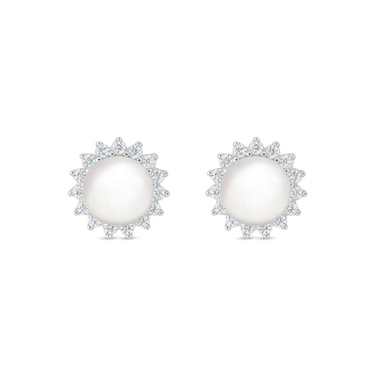 Sterling Silver 925 Earring Rhodium Plated Embedded With Natural White Pearl And White Zircon