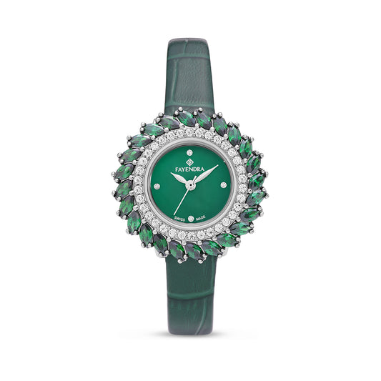 Stainless Steel 316 Watch Silver Color Green Leather Embedded With Emerald Zircon And White Zircon - GREEN MOP DIAL
