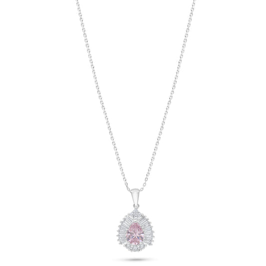 Sterling Silver 925 Necklace Rhodium Plated Embedded With Pink Zircon And White Zircon