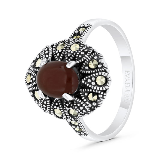 Sterling Silver 925 Ring Embedded With Natural Aqiq And Marcasite Stones