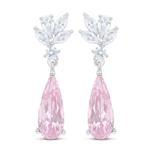 Sterling Silver 925 Earring Rhodium Plated Embedded With Pink Zircon And White Zircon
