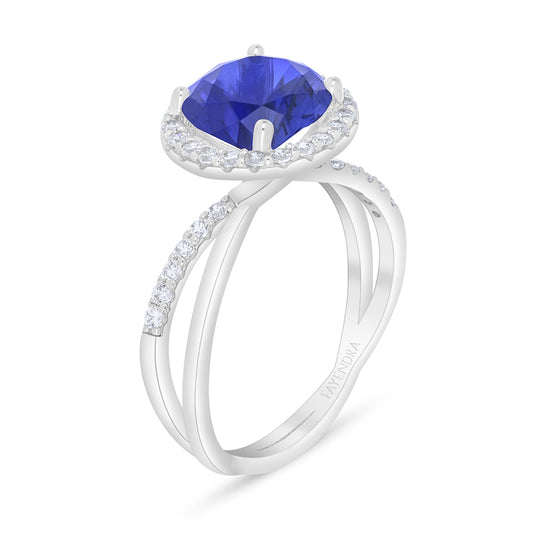 Sterling Silver 925 Ring Rhodium Plated Embedded With Sapphire Corundum And White Zircon