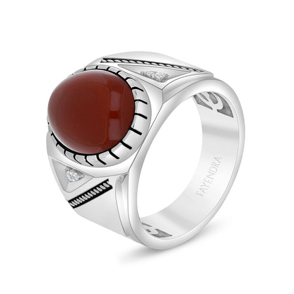 Sterling Silver 925 Ring Rhodium And Black Plated Embedded With Cabochon Red Agate And White Zircon For Men