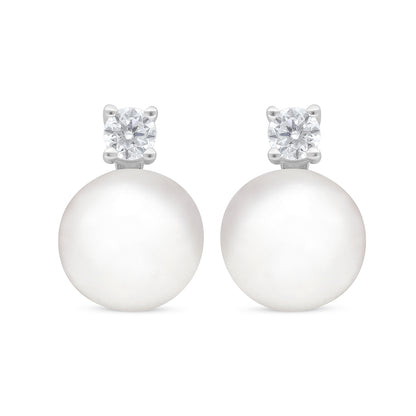 Sterling Silver 925 Earring Rhodium Plated Embedded With Natural White Pearl And White Zircon