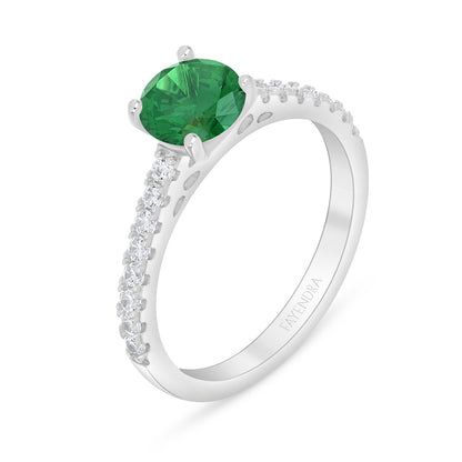 Sterling Silver 925 Ring Rhodium Plated Embedded With Emerald Zircon And White Zircon