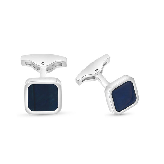 Stainless Steel Cufflink 316L Silver Color Embedded With Blue Tiger Eye Shiny Steel