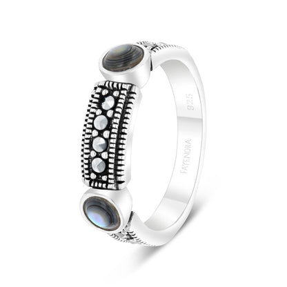 Sterling Silver 925 Ring Embedded With Natural Blue Shell And Marcasite Stones
