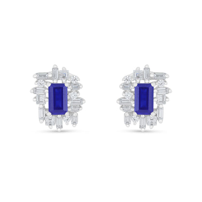 Sterling Silver 925 Earring Rhodium Plated Embedded With Sapphire Corundum And White Zircon