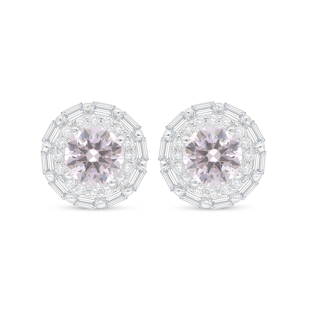 Sterling Silver 925 Earring Rhodium Plated Embedded With Pink Zircon And White Zircon