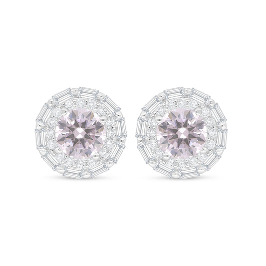 Sterling Silver 925 Earring Rhodium Plated Embedded With Pink Zircon And White Zircon