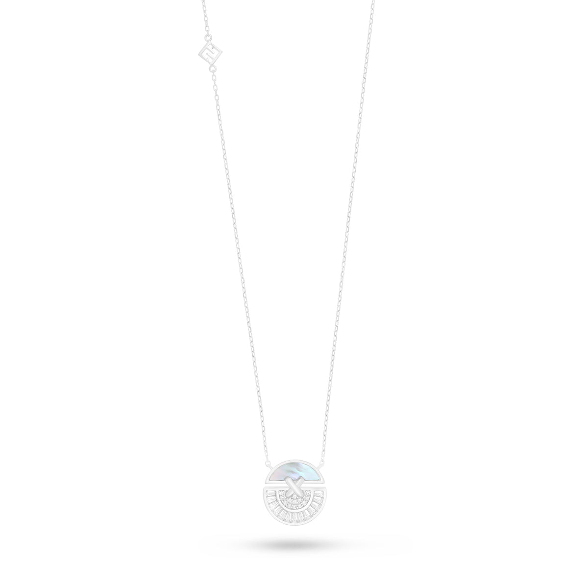 Sterling Silver 925 Necklace Rhodium Plated Embedded With White Shell And White Zircon