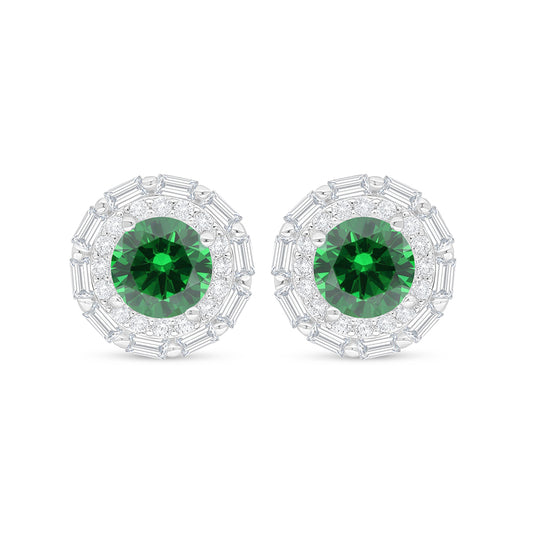 Sterling Silver 925 Earring Rhodium Plated Embedded With Emerald Zircon And White Zircon