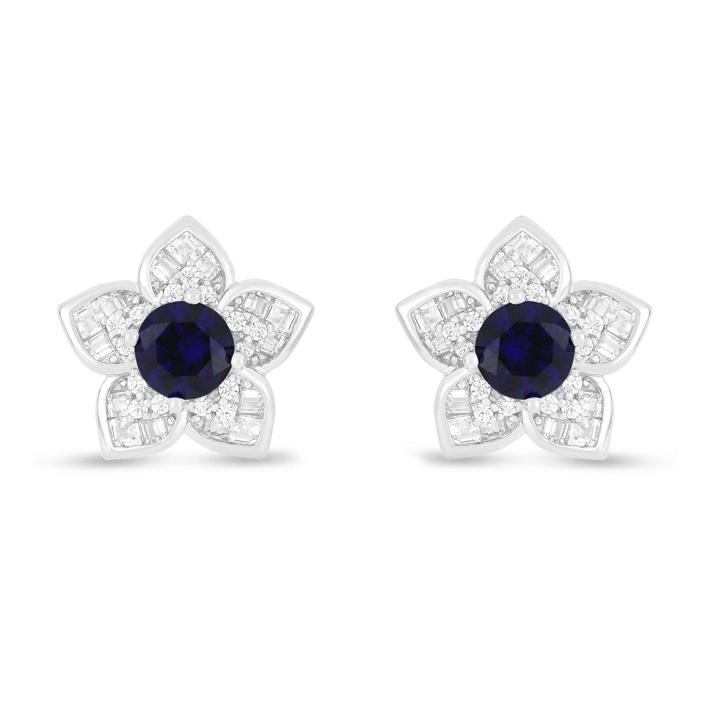 Sterling Silver 925 Earring Rhodium Plated Embedded With Sapphire Corundum And White Zircon