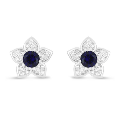 Sterling Silver 925 Earring Rhodium Plated Embedded With Sapphire Corundum And White Zircon