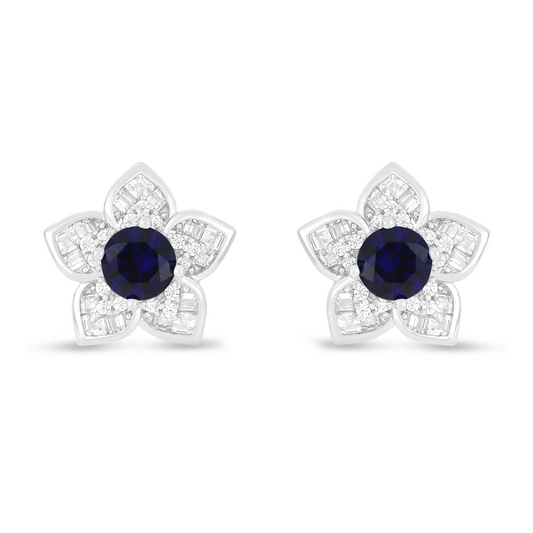 Sterling Silver 925 Earring Rhodium Plated Embedded With Sapphire Corundum And White Zircon