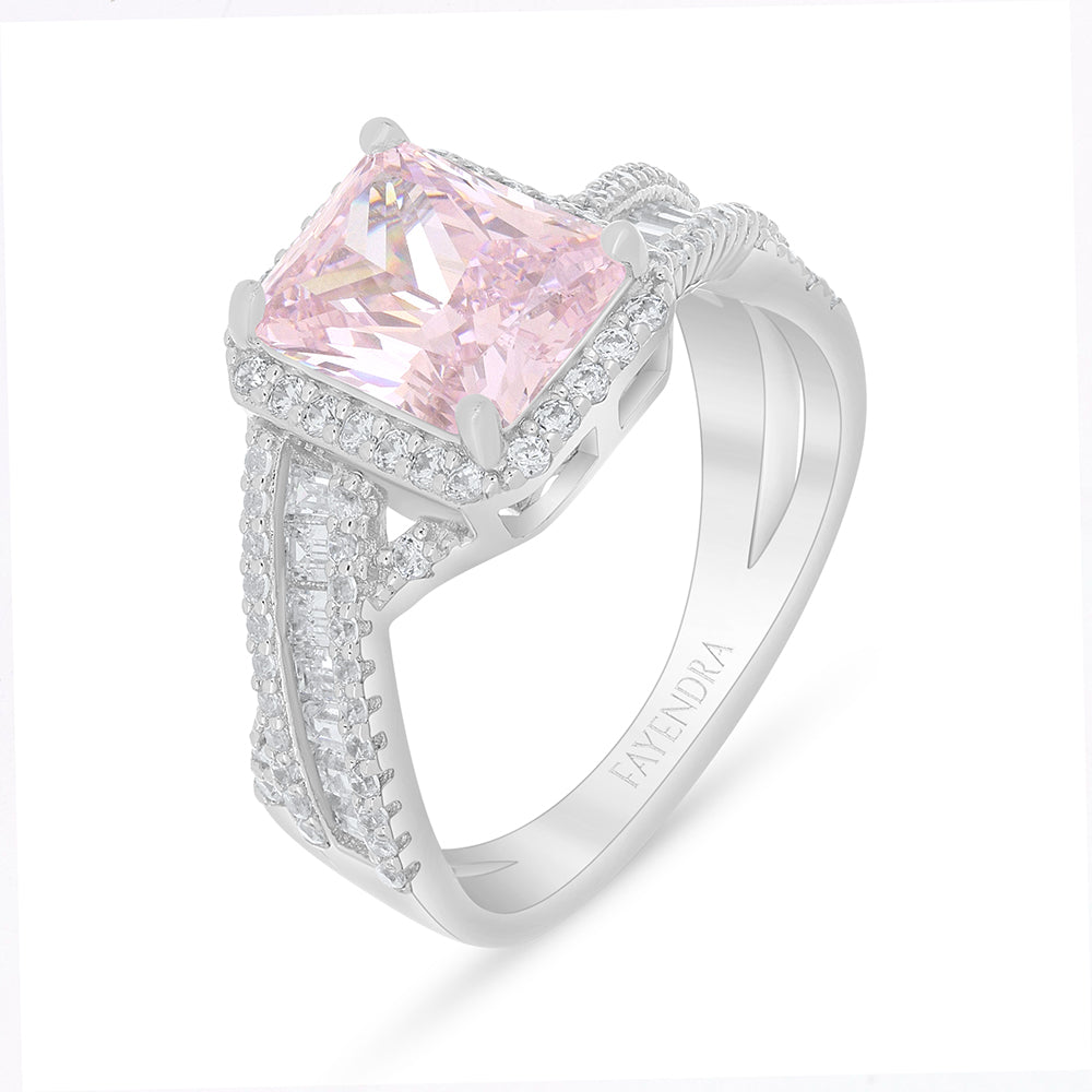 Sterling Silver 925 Ring Rhodium Plated Embedded With Pink Zircon And White Zircon