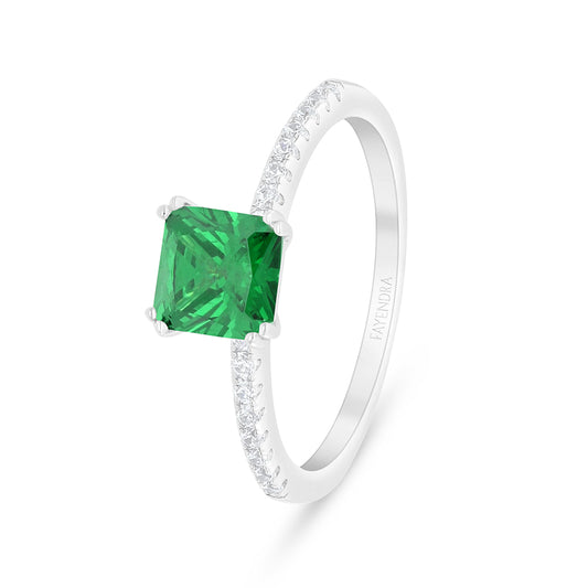 Sterling Silver 925 Ring Rhodium Plated Embedded With Emerald Zircon And White Zircon