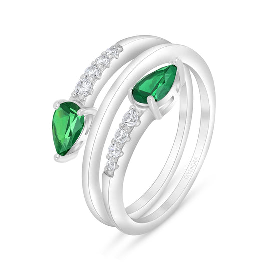 Sterling Silver 925 Ring Rhodium Plated Embedded With Emerald Zircon And White Zircon