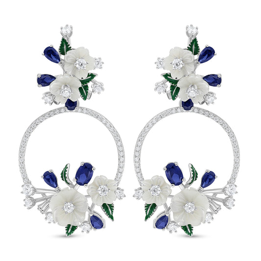 Sterling Silver 925 Earring Rhodium Plated Embedded With White Shell And Sapphire Corundum