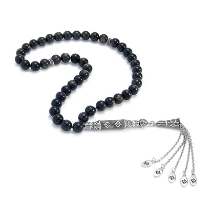 سبحة 45  اوبسديم ذهبي درجة اولى بيلية 8 مم طقم ستانلس ستيل عيار 316L مطلى فضي واسود